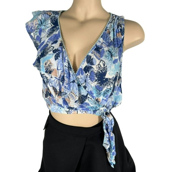 Poupette St. Barth Ruffle Cropped Tie Floral Blue Top 1 XS Small - Picture 1 of 7